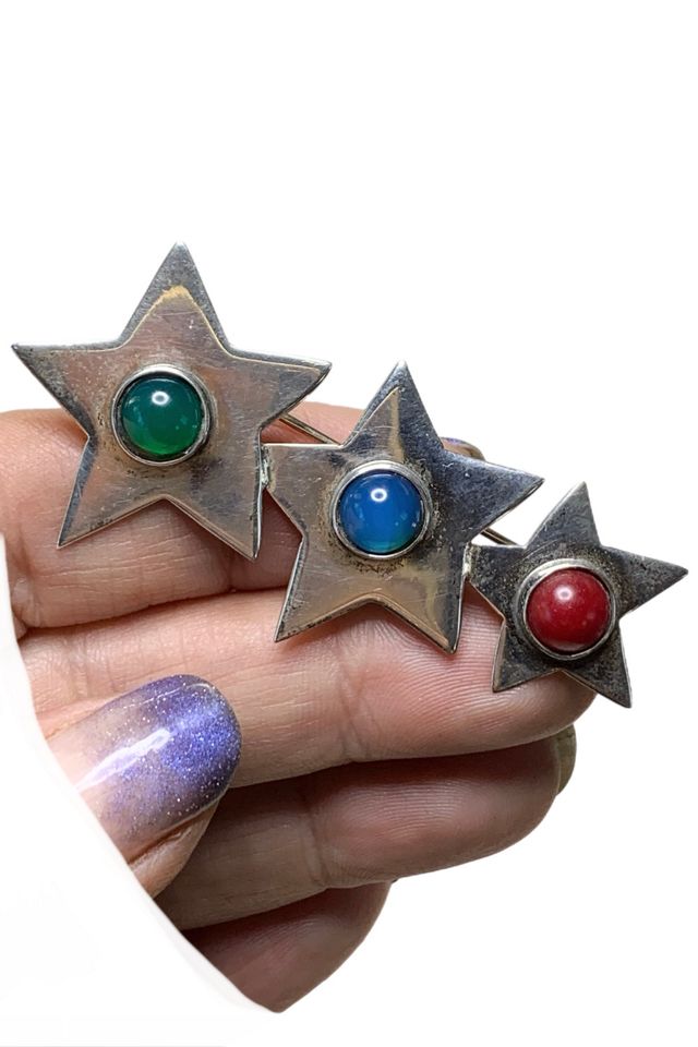 Vintage Sterling Silver Triple Star Brooch with Gemstones Selected by Lux Revival #1