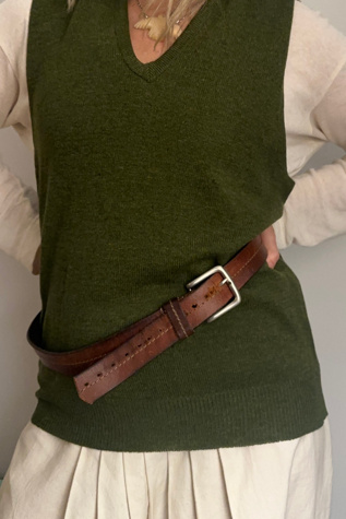 Vintage Leather Belt with Center Stitch and Brass Buckle Selected by KA.TL.AK