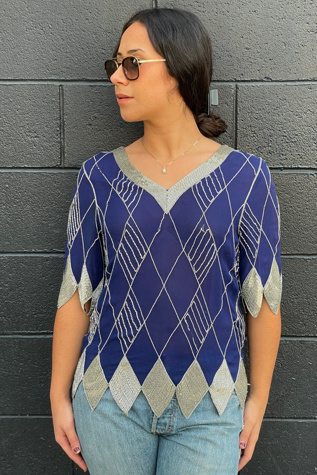 Vintage 1980's Silver Diamond Beaded Blue Top Selected by FernMercantile