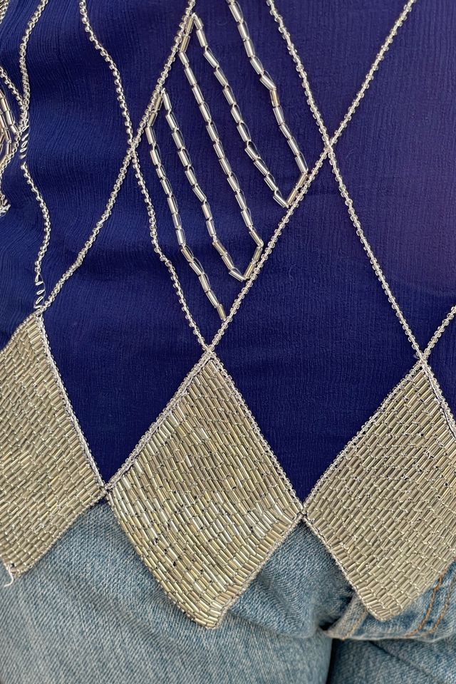 Vintage 1980's Silver Diamond Beaded Blue Top Selected by FernMercantile #1
