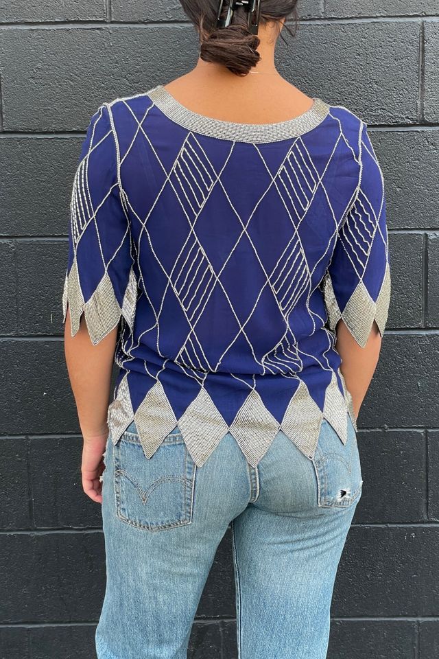 Vintage 1980's Silver Diamond Beaded Blue Top Selected by FernMercantile #2