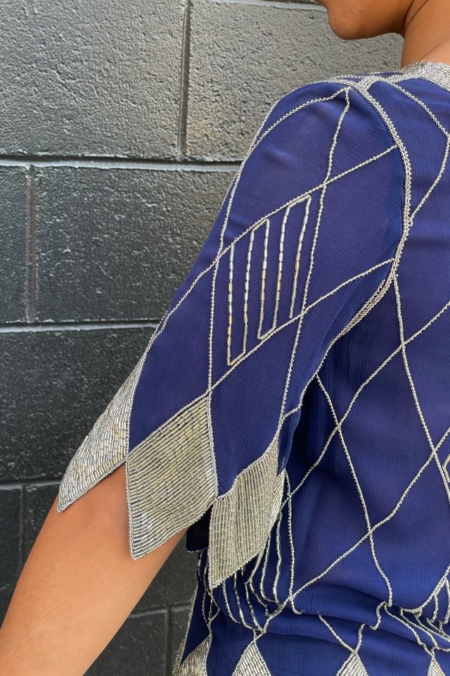 Vintage 1980's Silver Diamond Beaded Blue Top Selected by FernMercantile #3