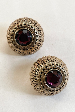 Vintage 1980's Raised Button Clip Earrings with Purple Stone Clip Earrings Selected by FernMercantile