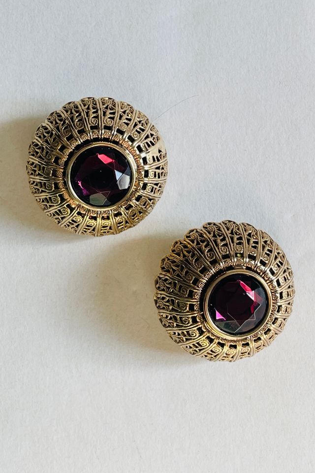 Vintage 1980's Raised Button Clip Earrings with Purple Stone Clip Earrings Selected by FernMercantile #1