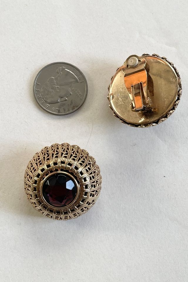 Vintage 1980's Raised Button Clip Earrings with Purple Stone Clip Earrings Selected by FernMercantile #2