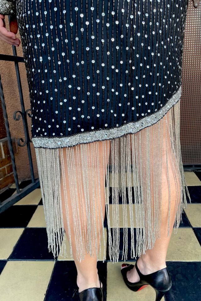 Vintage 1980's Silver Fringe Silk Black Dress Selected by FernMercantile #1