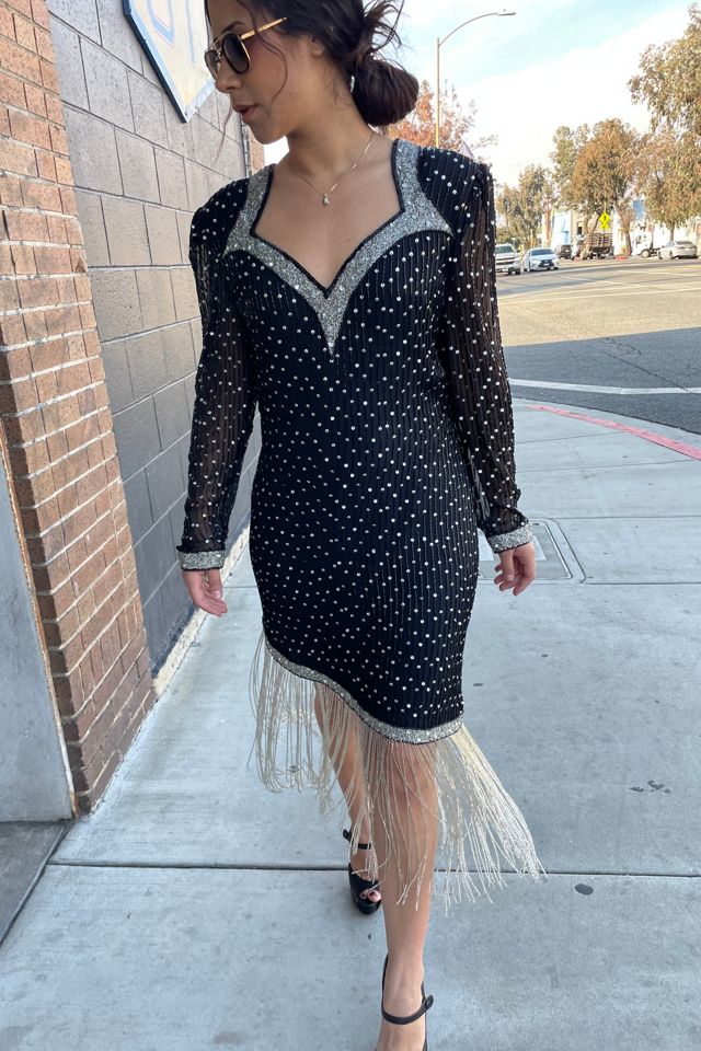 Vintage 1980's Silver Fringe Silk Black Dress Selected by FernMercantile #2