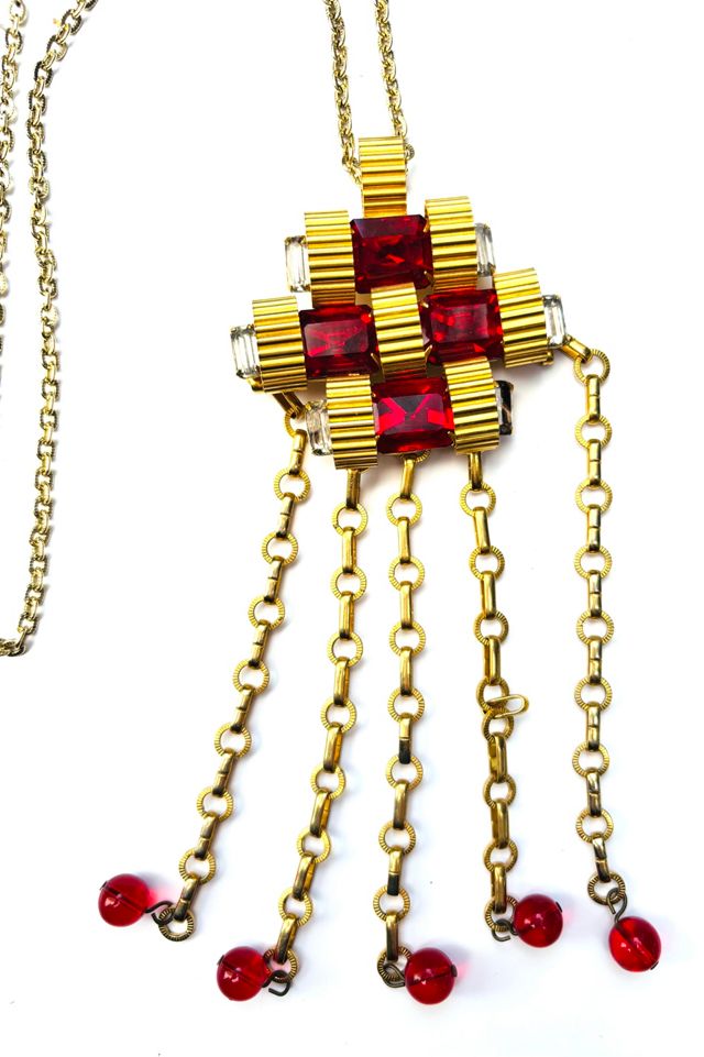 1960’s Dramatic Gold & Red Pendant Statement Necklace Selected by Nomad Vintage #1