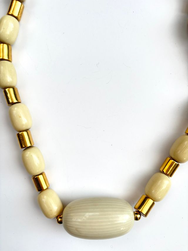 1960’s Gold Metal & Cream Wood Beads Statement Necklace Selected by Nomad Vintage #1