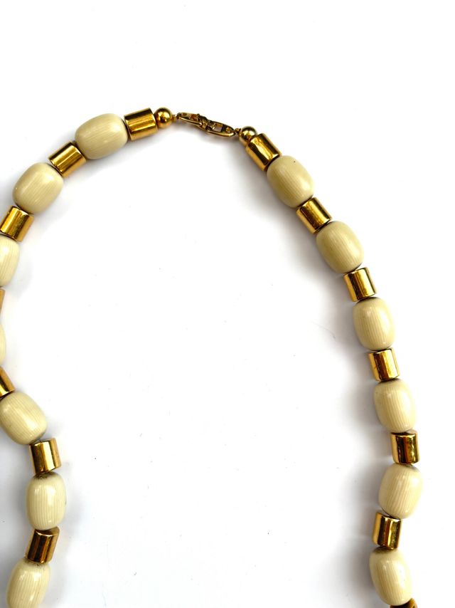 1960’s Gold Metal & Cream Wood Beads Statement Necklace Selected by Nomad Vintage #2