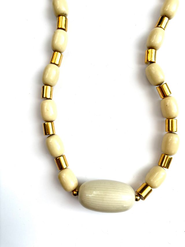 1960’s Gold Metal & Cream Wood Beads Statement Necklace Selected by Nomad Vintage #3