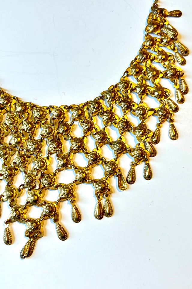 Vintage Brass Ethnic Linked Etched Bead Choker Necklace #1