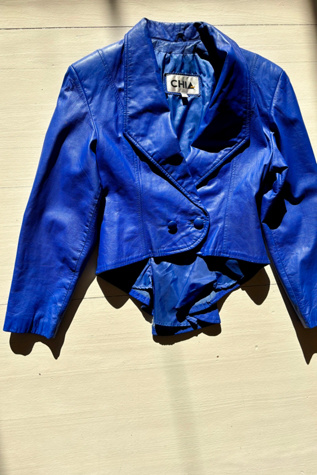 Vintage Cobalt Blue Cropped Leather  Tuxedo Jacket Selected by Atlantic Vintage