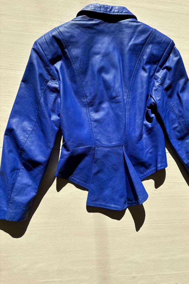 Vintage Cobalt Blue Cropped Leather  Tuxedo Jacket Selected by Atlantic Vintage #1