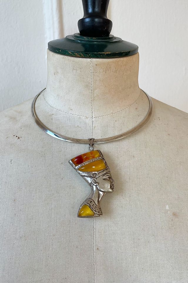 Vintage Sterling Shell and Amber Nefertiti Pendant Collar Necklace Selected by MARMALADE #2