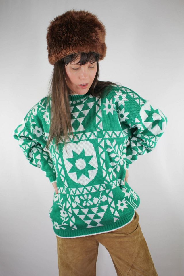 Vintage Pennsylvania Dutch Print Green Pullover Sweater Selected By Moons + Junes Vintage #1