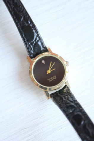 Vintage Rhinestone Diamond Black Leather Watch Selected By Moons + Junes Vintage