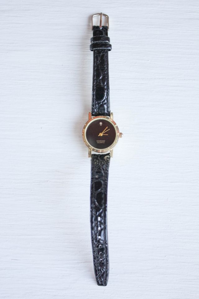 Vintage Rhinestone Diamond Black Leather Watch Selected By Moons + Junes Vintage #1