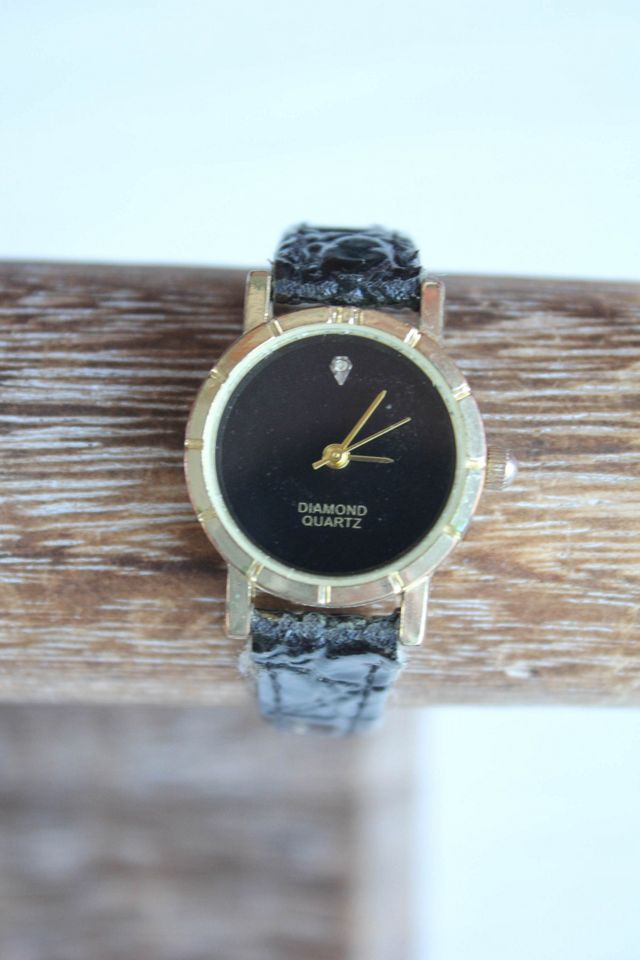 Vintage Rhinestone Diamond Black Leather Watch Selected By Moons + Junes Vintage #2