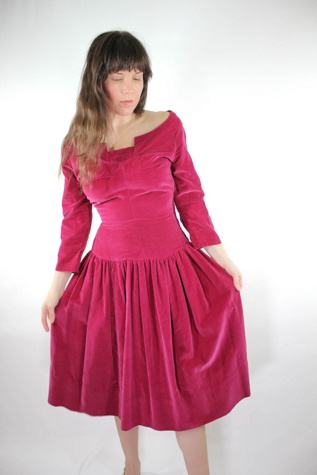 Handmade Vintage Fitted Drop-Waist Cranberry Velvet Dress Selected By Moons + Junes Vintage