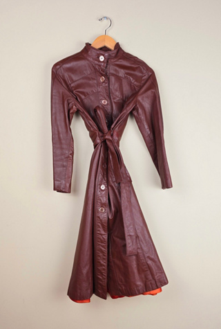 Vintage Brown Leather Trench Coat with Band Collar Selected By The Igala NYC