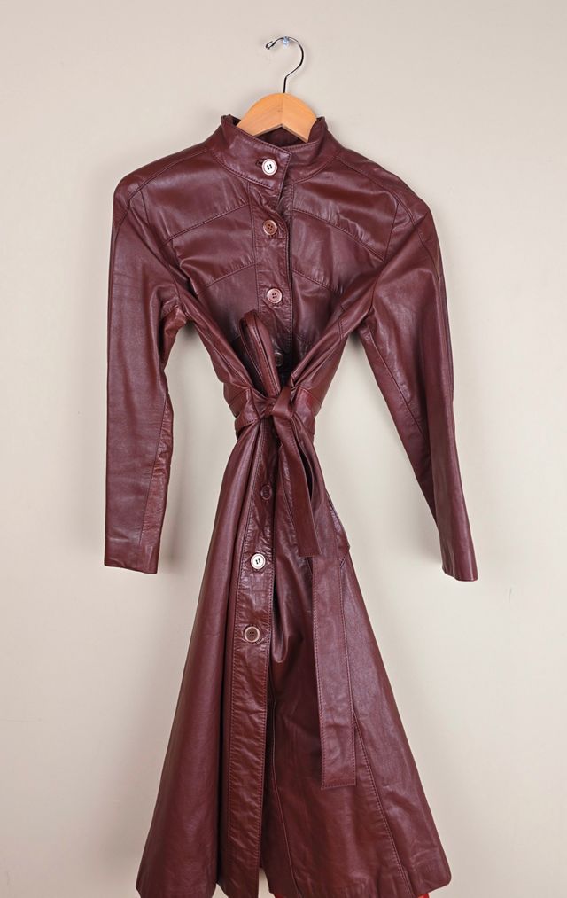 Vintage Brown Leather Trench Coat with Band Collar Selected By The Igala NYC #1