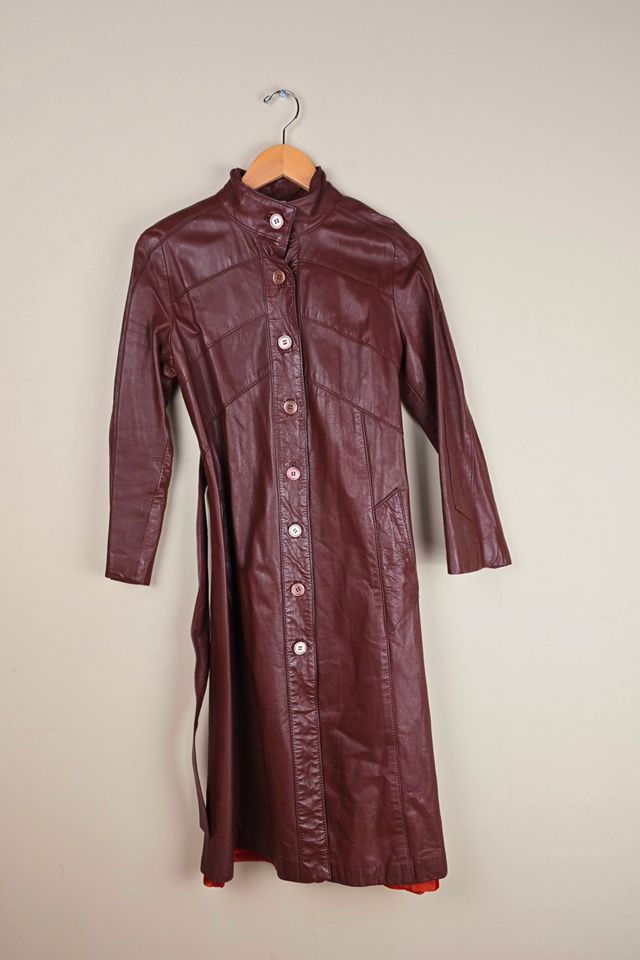 Vintage Brown Leather Trench Coat with Band Collar Selected By The Igala NYC #3