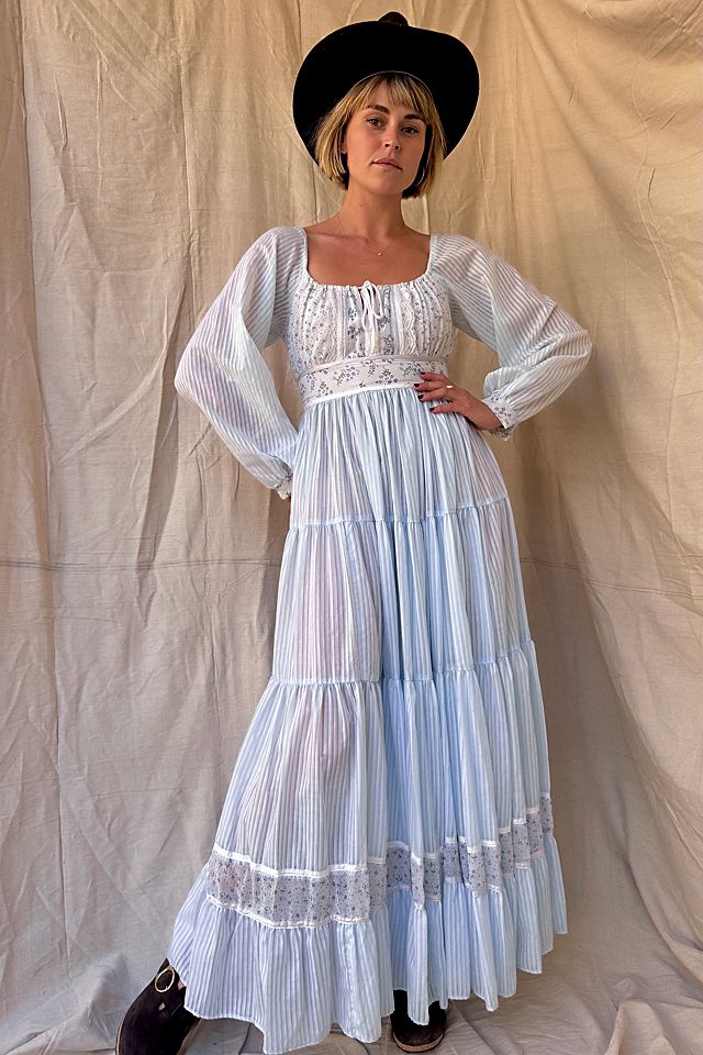 gunne sax vintage dress Jessica McClintock Wedding Prom cream Satin Floral Lace Elastic back waist 1970's Vintage Ivory Floral and