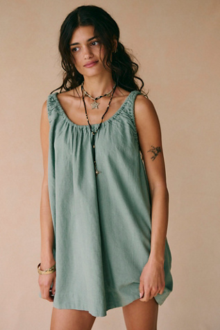 Amanda Cotton-Linen Mini Dress by free-est at Free People in Green, Size: L