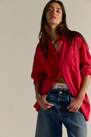 Everyday Linen Shirt by Free People in Red, Size: L
