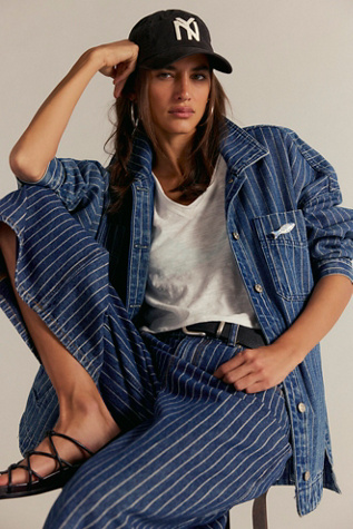 We The Free Madison City Pinstripe Denim Jacket at Free People in Blue, Size: M
