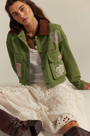 We The Free Martha Workwear Applique Jacket at Free People in Green, Size: S