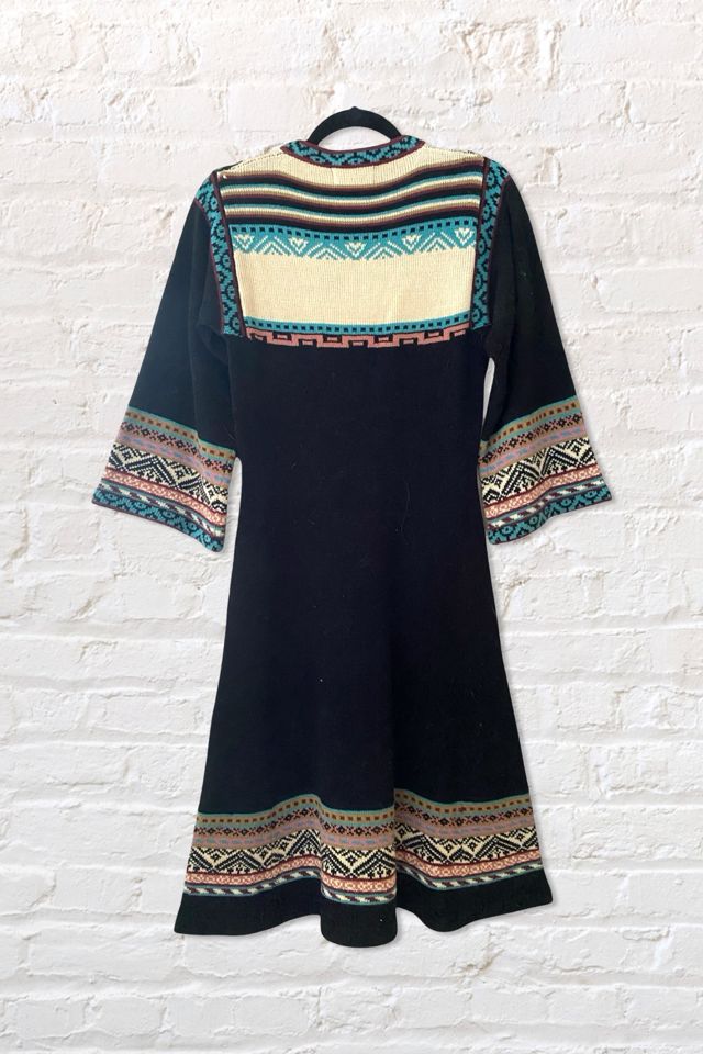 1970s Collage Intarsia Bell Sleeve Sweater Dress Selected By Ritual Vintage #1