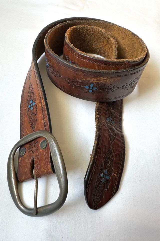 Vintage Brown and Turquoise Tooled Leather Belt Selected by Cherry #1