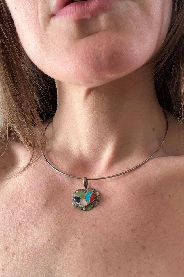 Vintage Sterling Silver and Inlay Heart Pendant Choker Selected by Grievous Angel Vintage #3