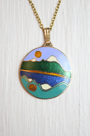 Vintage Mountain Reflection Enamel Pendant Necklace Selected By Moons + Junes Vintage