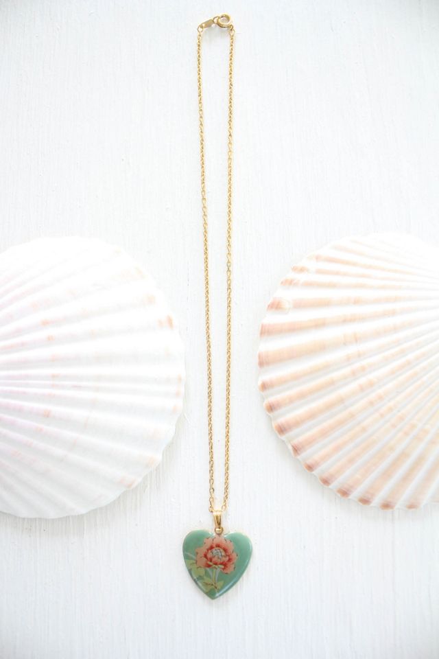 Vintage Floral Heart Enamel Pendant Necklace Selected By Moons + Junes Vintage #1