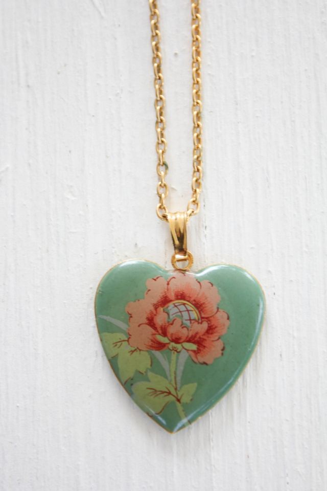 Vintage Floral Heart Enamel Pendant Necklace Selected By Moons + Junes Vintage #2