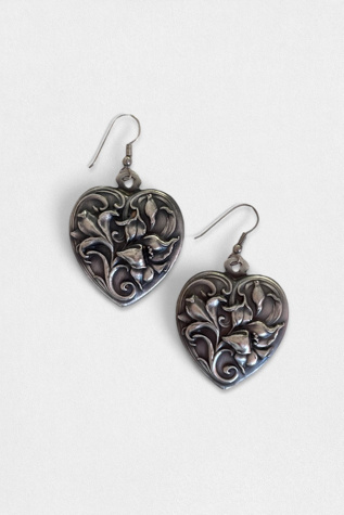 Vintage Embossed Lily Flower Silver Heart Earrings Selected by MARMALADE