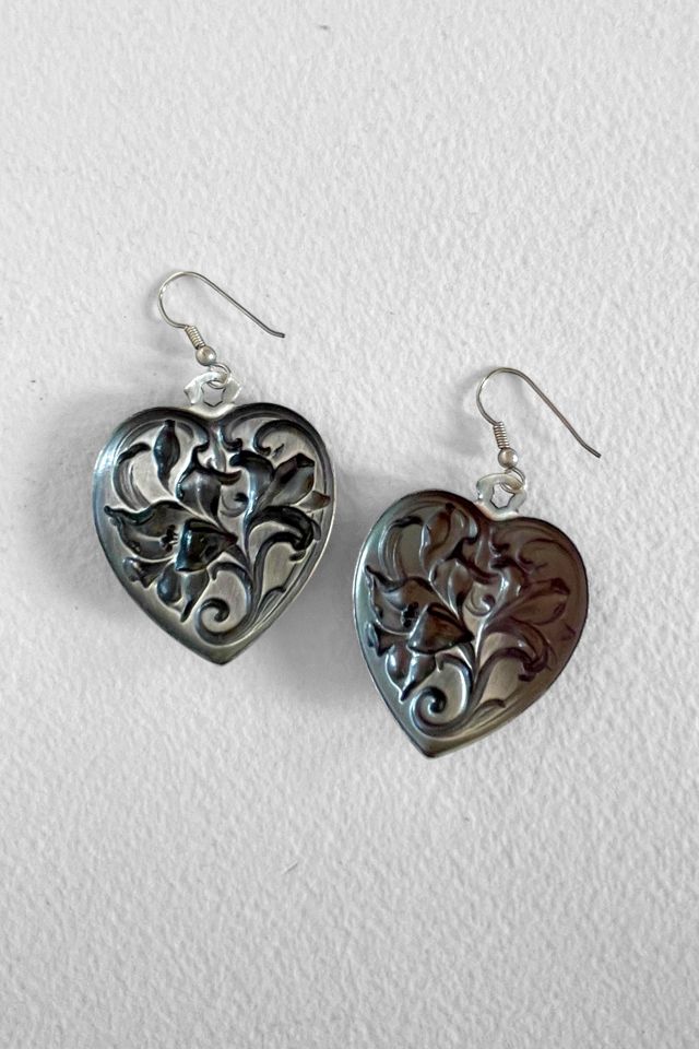 Vintage Embossed Lily Flower Silver Heart Earrings Selected by MARMALADE #2