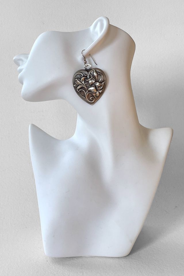 Vintage Embossed Lily Flower Silver Heart Earrings Selected by MARMALADE #3