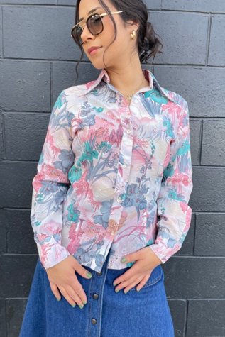 Vintage 1970's Dagger Collar Floral Scene Blouse Selected by FernMercantile