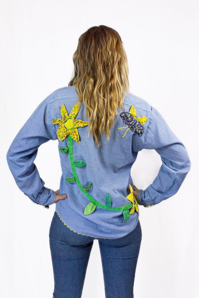 Vintage 70s Chambray Flower Button Up Shirt Selected by Black Shag Vintage #1