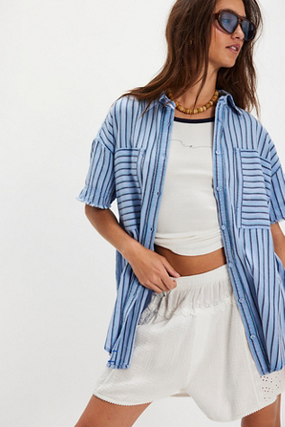 We The Free Christopher Linen Shirt at Free People in Blue, Size: XL