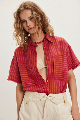 We The Free Christopher Linen Shirt at Free People in Red, Size: L