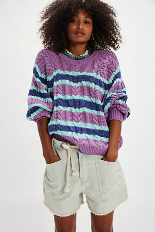 Frankie Cable Striped Pullover by Free People in Purple, Size: XS