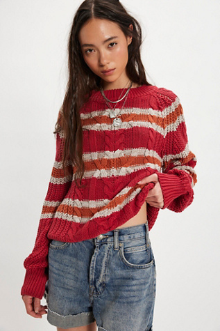 Frankie Striped Cable Knit Sweater by Free People in Red, Size: M