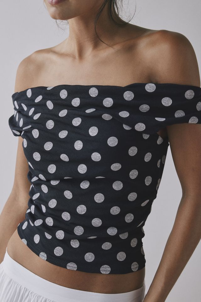 Kimchi Blue Fia Polka Dot Mesh Asymmetrical Off-The-Shoulder Top #1