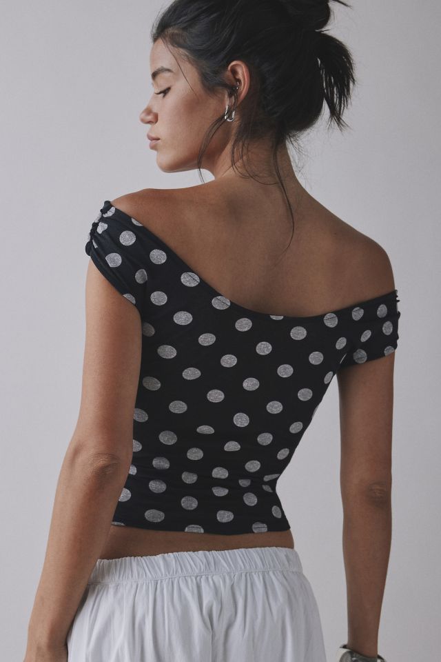 Kimchi Blue Fia Polka Dot Mesh Asymmetrical Off-The-Shoulder