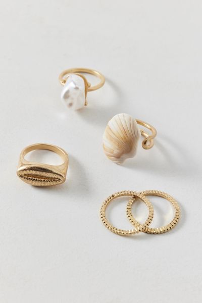 Urban Outfitters Emery Pearl And Shell Ring Set In Gold Shell, Women's At  In Gold Shell